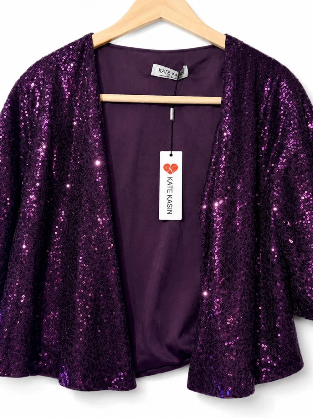 Kate Kasin Purple Sequin Open-Front Cape Jacket - Picture 1 of 7